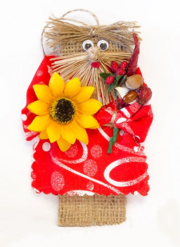 Red With White Domovoi With Sunflower Handmade Magnet